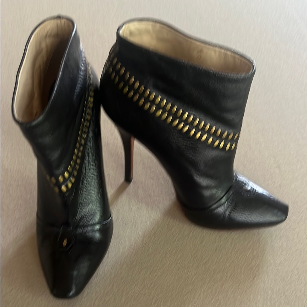 Black Leather Ankle Boots with Gold Accents